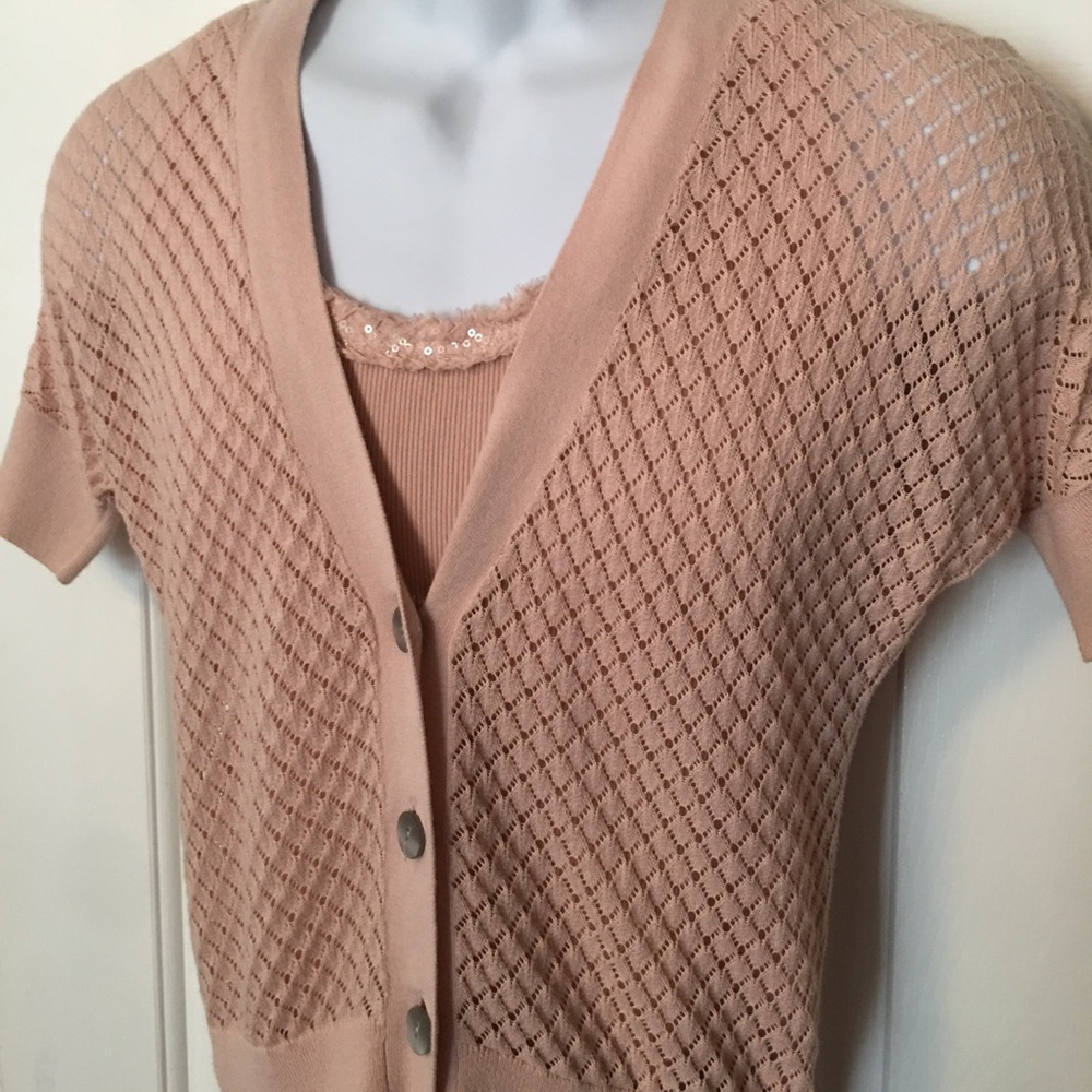 Ann Taylor LOFT Loose Knit Short Sleeve Cardigan V-Neck Sweater W/Tank Pink.